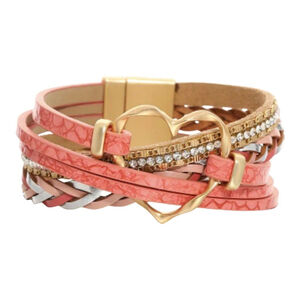 Women's Boho Heart Charm Bracelet Pink/Gold With Magnetic Closure.
